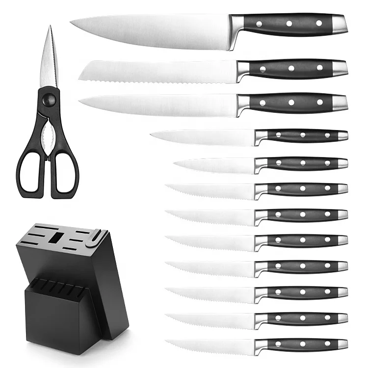 14 Piece Classic Complete Cutlery Set Stainless Steel Kitchen Knife Set With Black Block Set