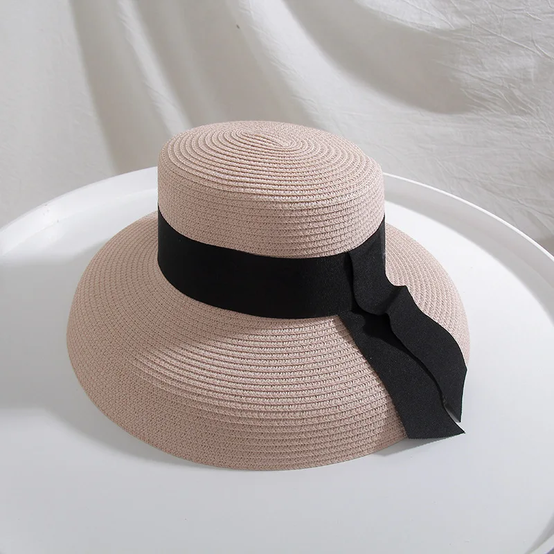 7055 Fashion Summer Girls Beach Sun Hat Wholesale Custom Plain Wide Brim Ribbon Straw Hat For Women