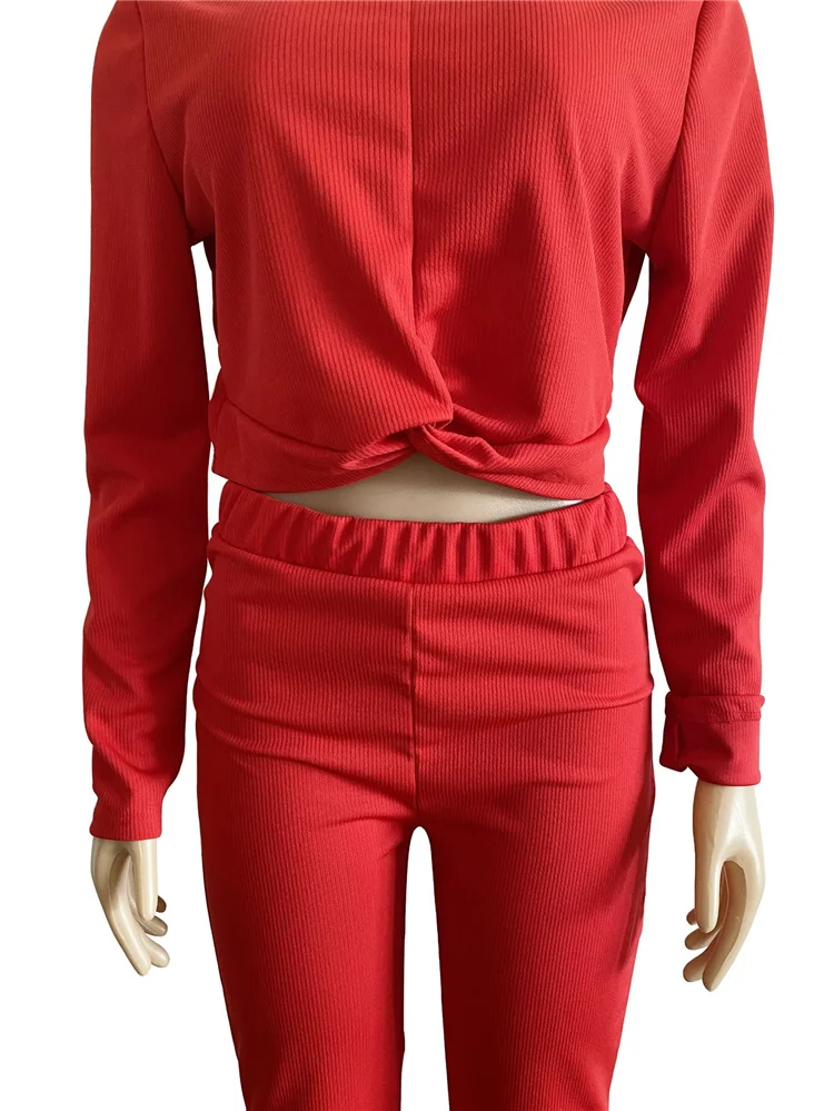 New Fashion Lady 2 Pcs Crop Tops Pants Solid Color Plus Size Tracksuit Autumn Women Two Piece Set