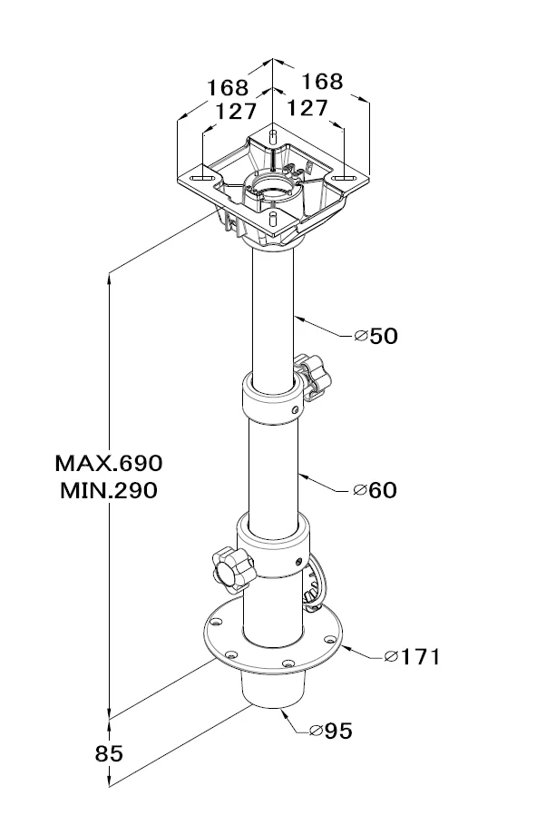 Telescopic Adjustable 3 Step Table Top Pedestal 290-690mm For Marine Boat RV Caravan 189603