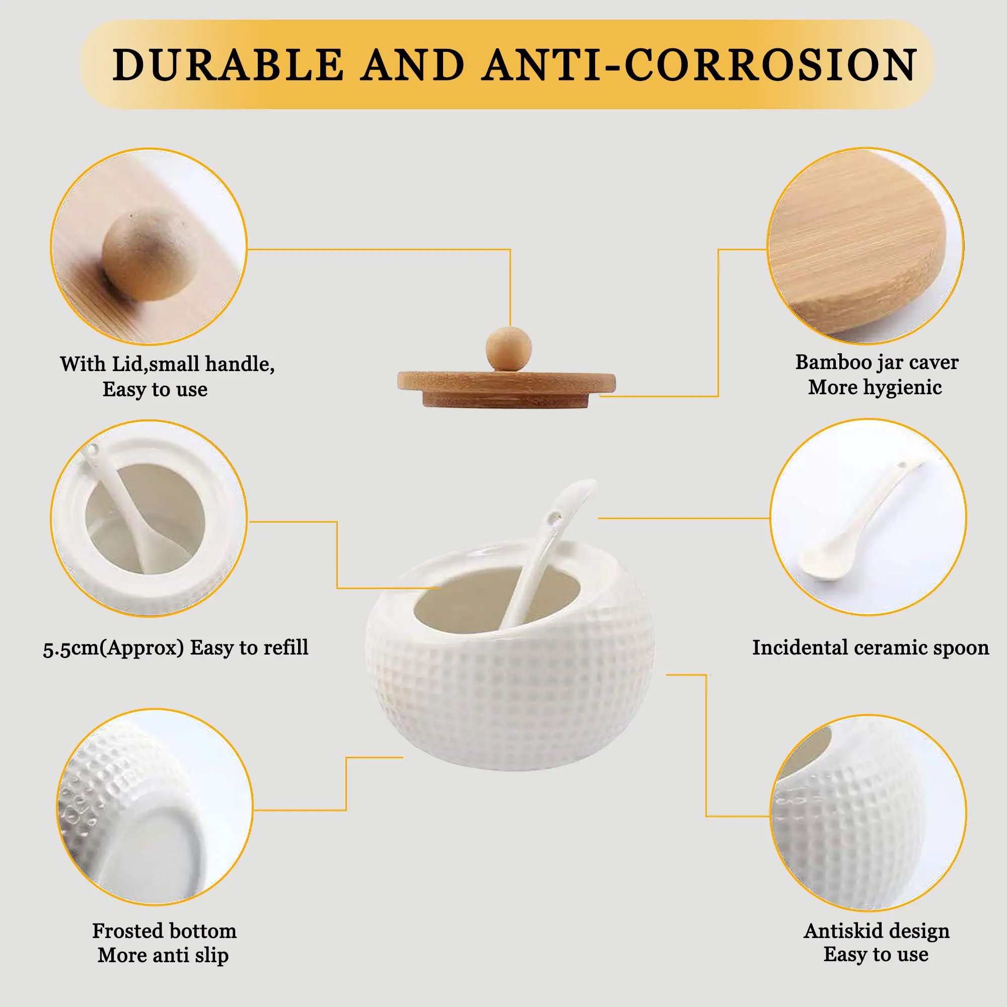 3 White 170ml 5.8 Oz Seasoning Spice Jar Tray Ceramic Serving Spoon Set Tableware With Bamboo Lid supplier