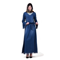 Muslim Women Fashion Flutter Sleeve Butterfly Tassel Denim Dress Kaftan Abaya Islamic Clothing