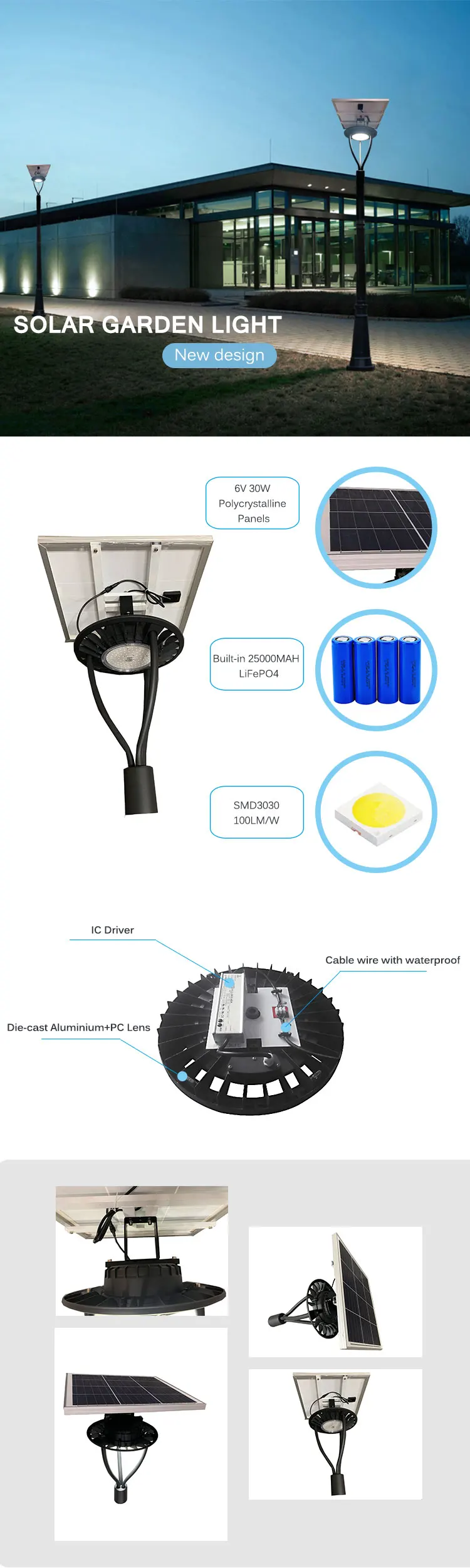 2020 New Style Lamp Pole Light Waterproof Outdoor LED Garden Light with Big Solar Panel