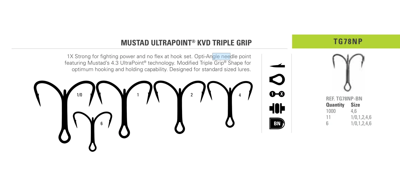 25 Mustad KVD-Elite TG78NP-BN Regular-Shank 1X Triple-Grip UltraPoint Size 4 