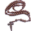 European Religious Christian Jewelry Handmade Woven Rope Wooden Bead Cross Rosary Necklace