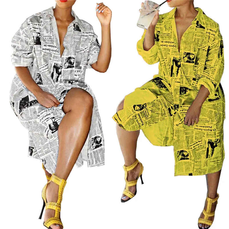 
New Arrivals Spring Fashion Women Casual Turndown Collar Single Breasted Newspaper Pattern Print Tunic Shirt Dress 