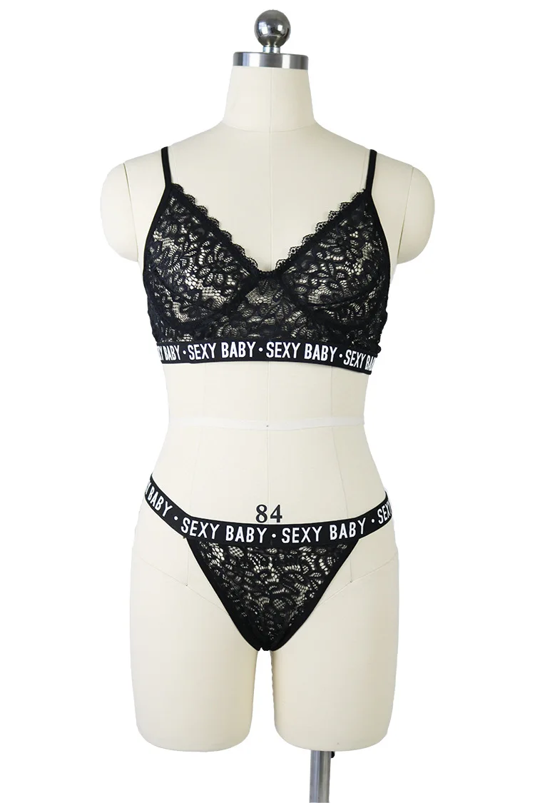 Eaby Hot Selling Sexy Lace Bikini Transparent Lettered Europe and America Sexy Lingerie Set