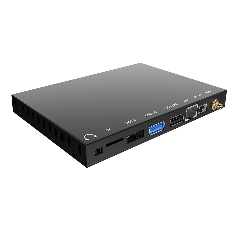 Industrial Android mini PC with dual LAN ports, VESA mount, and aluminum casing