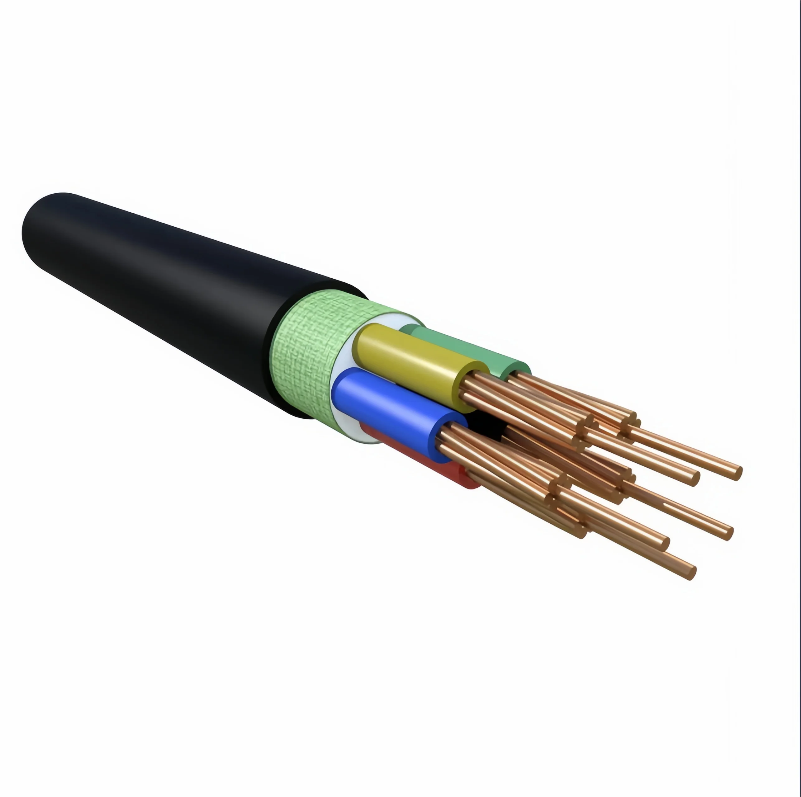 Cross-section diagram of 4-core 3-phase underground cable showing phase conductors, neutral, armor, and outer sheath