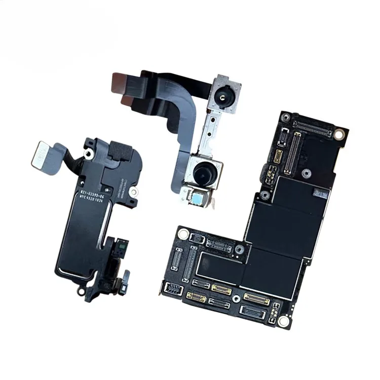 Close-up photo of an iPhone 11 Pro Max logic board showing labeled components including Face ID flex connector and battery interface