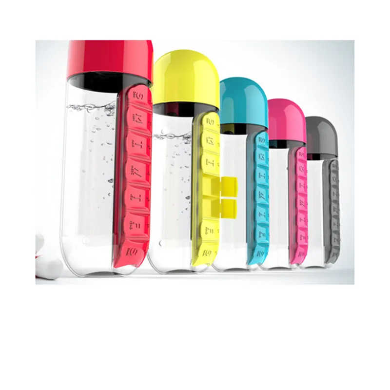 600ml Sports Plastic Water Bottle Combine Daily Pill Boxes Organizer Drinking Bottles Leak-Proof Bottle Tumbler Outdoor