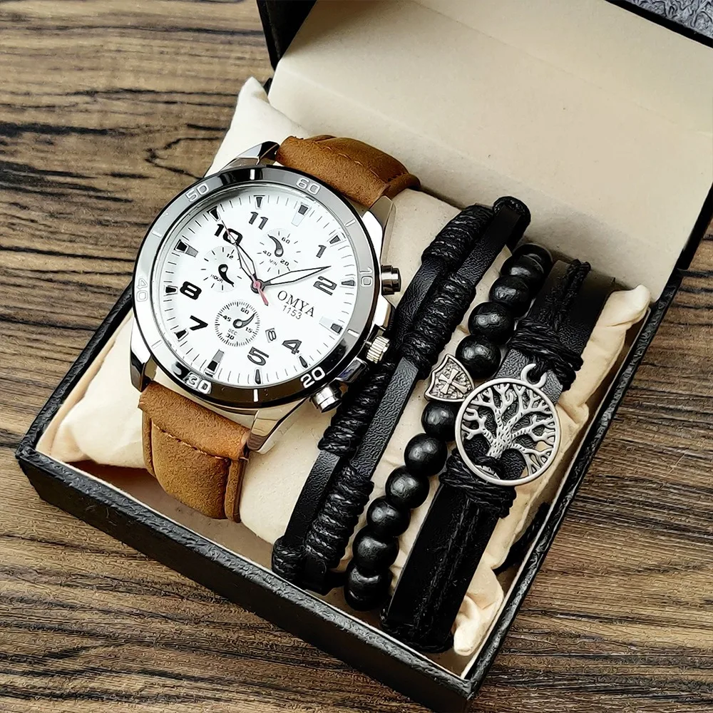 Men Leather Watch bracelet 5 PCS Set Gift box for Men watches Bracelet set Leather Strap Quartz watch Clock Gift relojes Alibaba