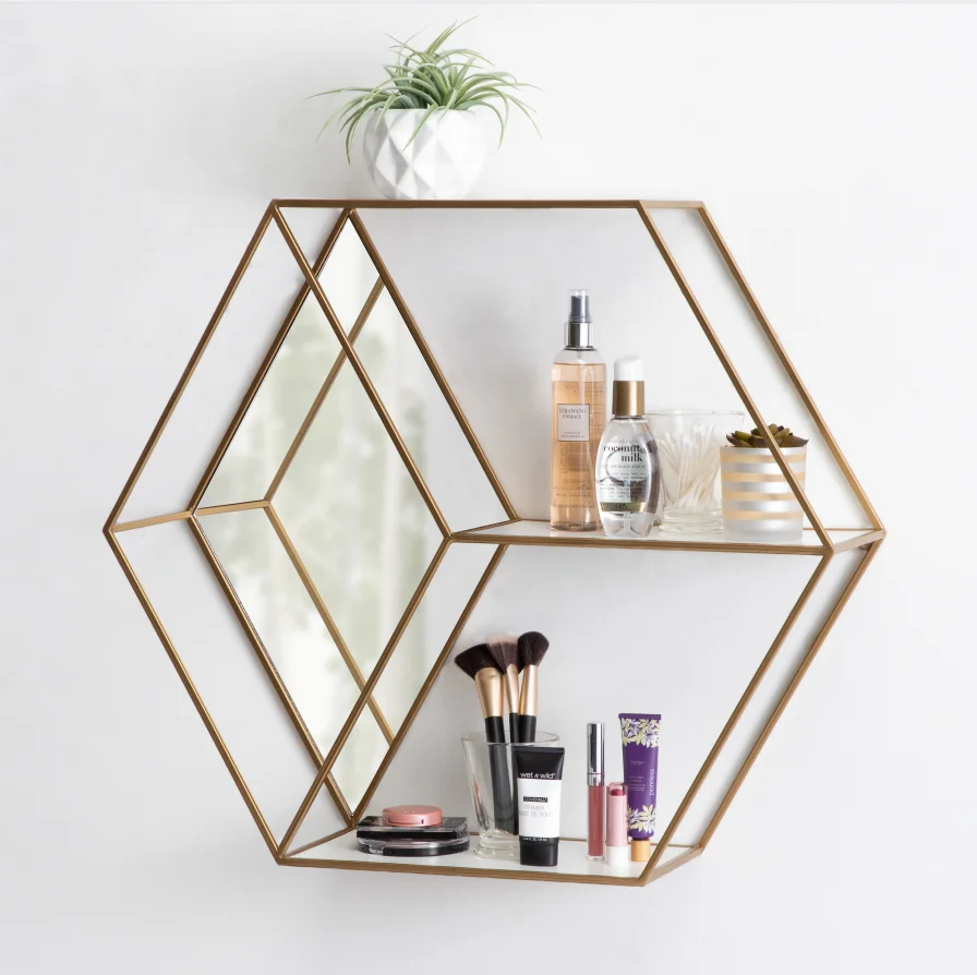Wall Decor Hexagon Shape Floating Shelves Gold Metal And Glass Wall