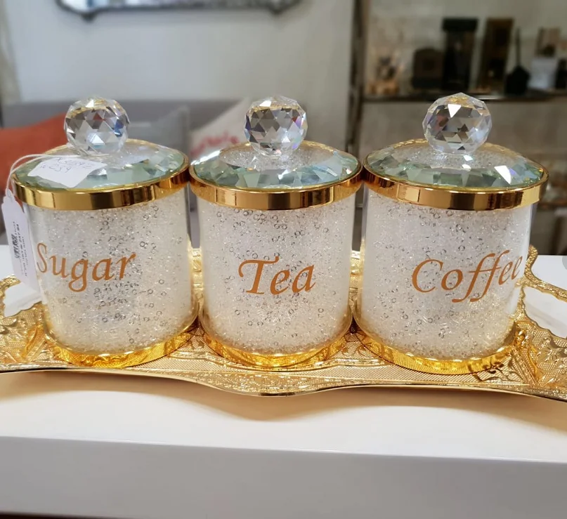 Cristal rempli plateau à thé café sucre Diamond écrasé pots boîtes de conservation
