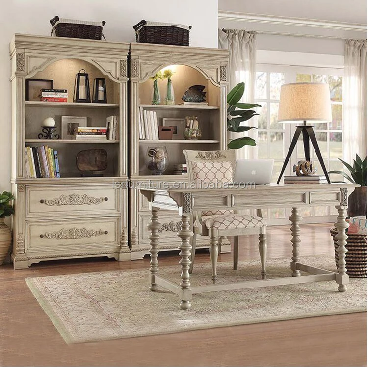 Antique Solid Wood Bookcase French Retro Distressed Solid Wood Carved