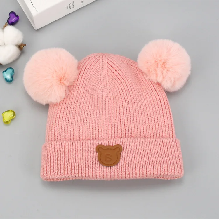 LRT Wholesale Winter Custom Logo Kids Brushed Hat Pure Color Earflaps Cap Cute Bear Baby Knitted Hat With Pom Pom Ears