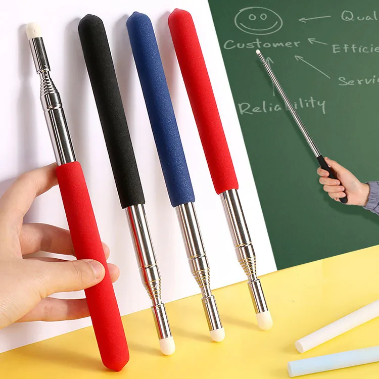 Close-up of a stainless steel telescopic teaching pointer with rubberized grip and finger-shaped handle