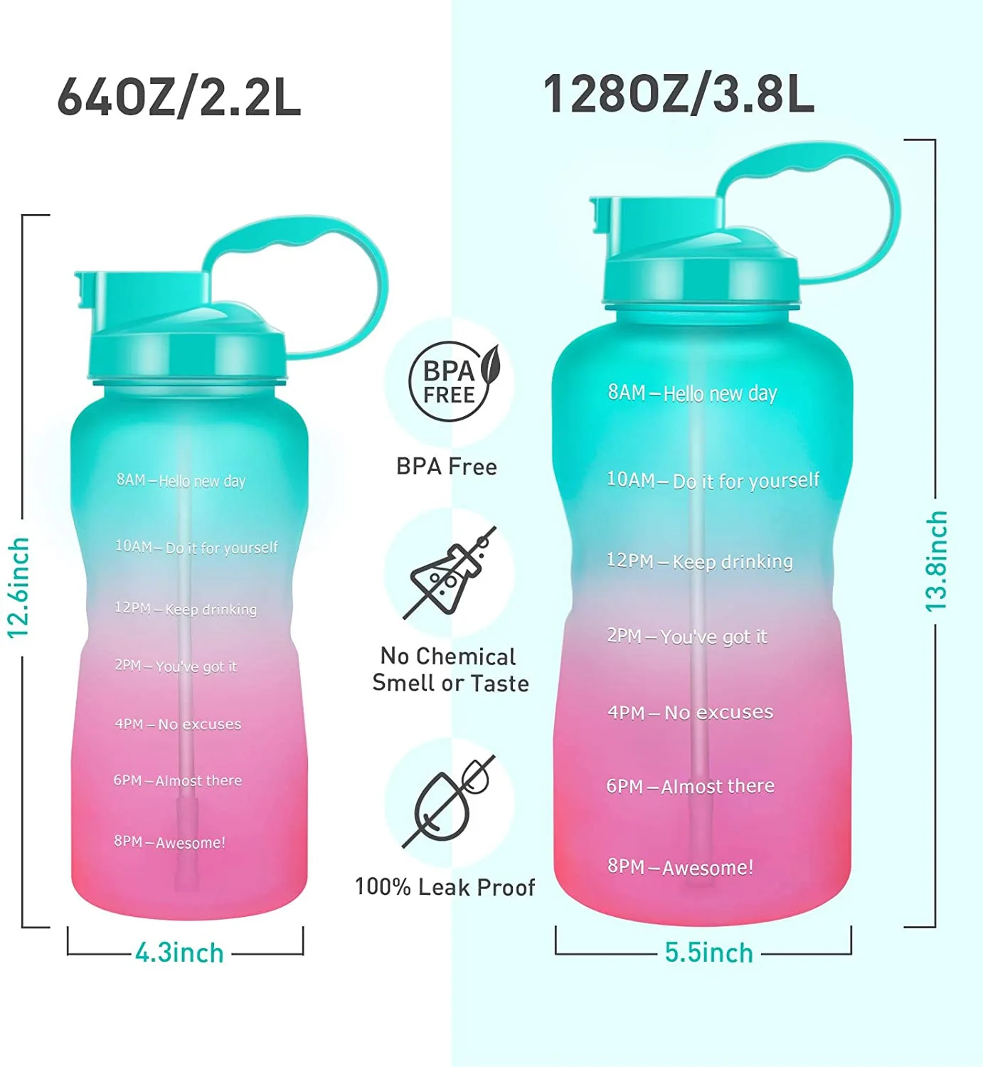 3.78l Large Gallon Water Bottle With Time Marker & Straw,Tritan Bpa ...