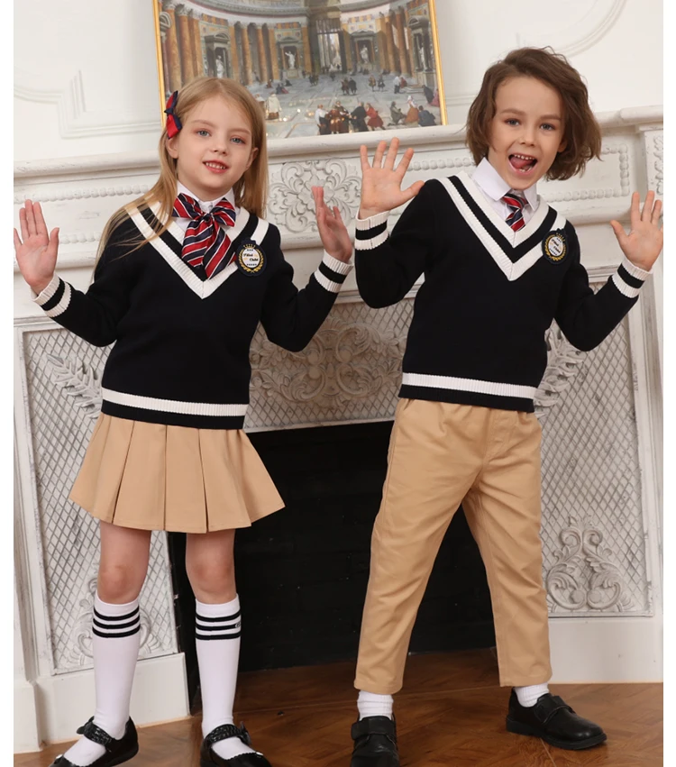 定制男孩英格兰棉海军蓝色v领时尚儿童针织套头校服毛衣 - buy boys