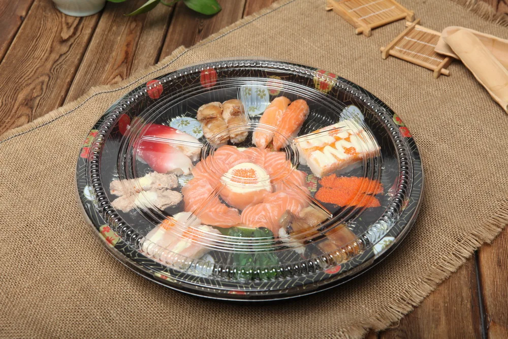 12" Maple Leaf Take Out Sushi Food Container Plastic Party Tray Plate with Lid 