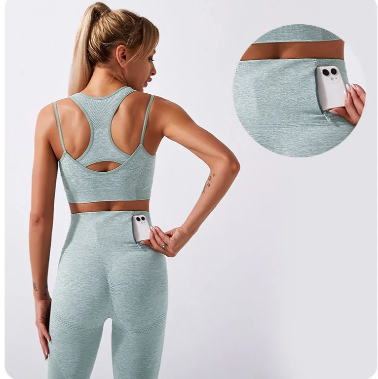 

2021 Women Spaghetti Strap Racer Back Bra High Waist Pocket Leggings Workout Yoga Wear Seamless Stretchy Two Piece Fitness Set, Picture color, custom made color