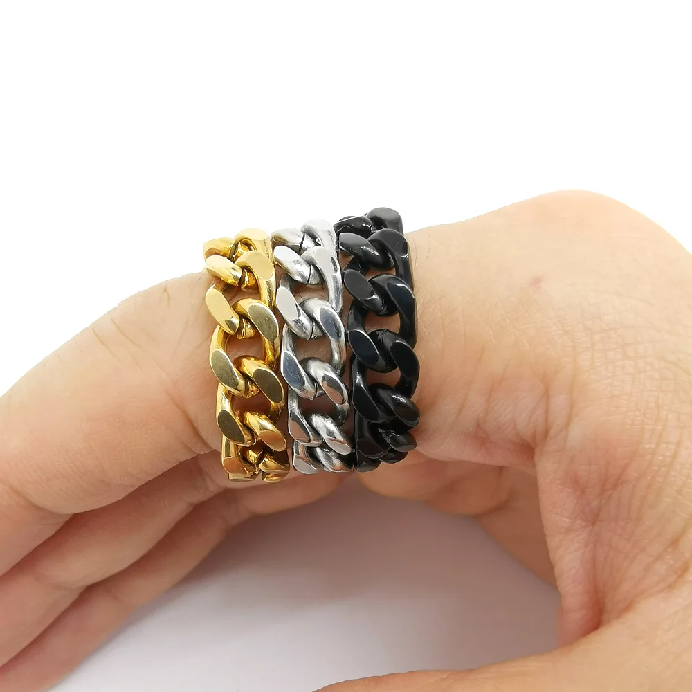 Ins Solid Gold Plated Chain Link Rings Stainless Steel Cuban Link Ring