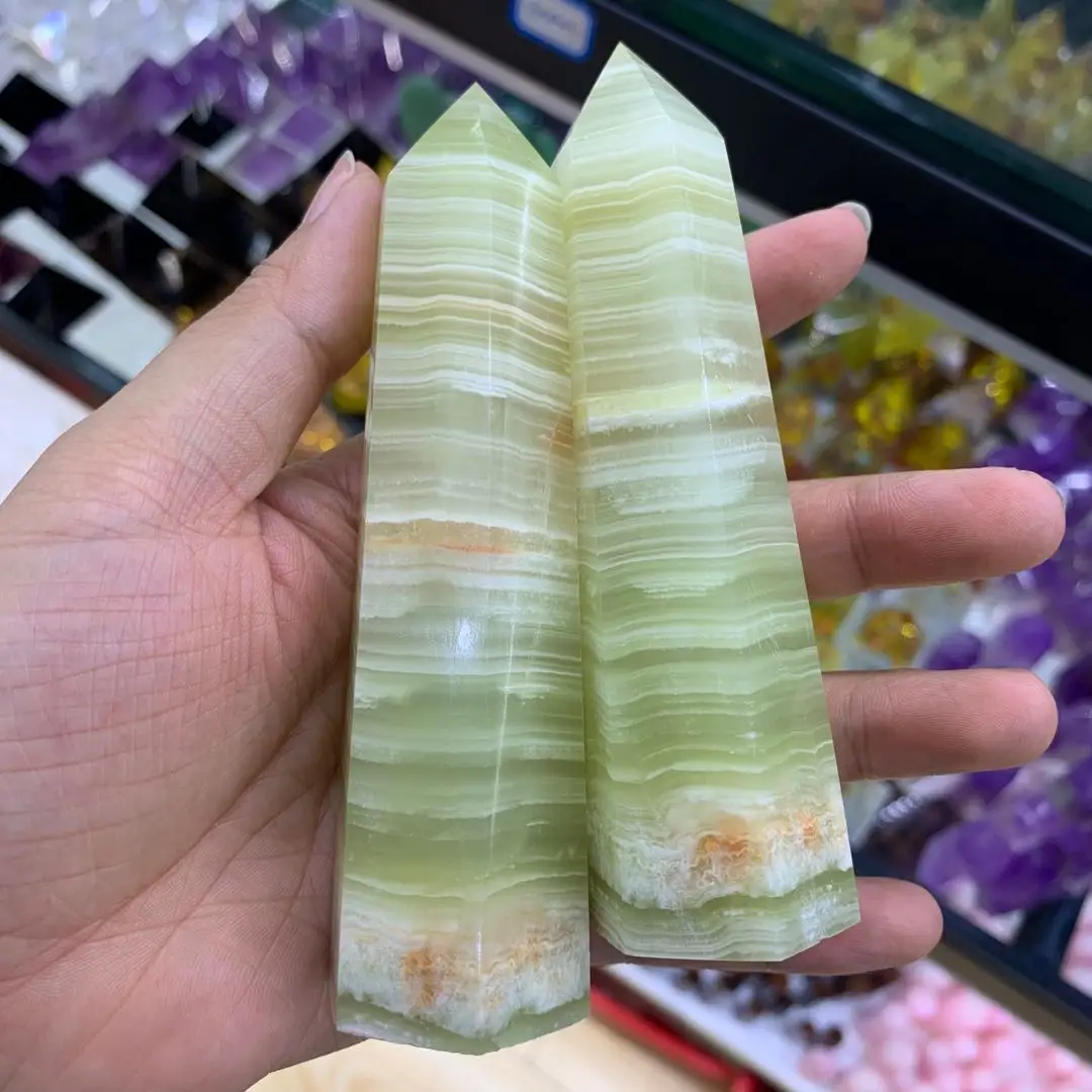 Natural crystal pistachio jasper point oblisk fengshui healing folk crafts stone for reiki decoration