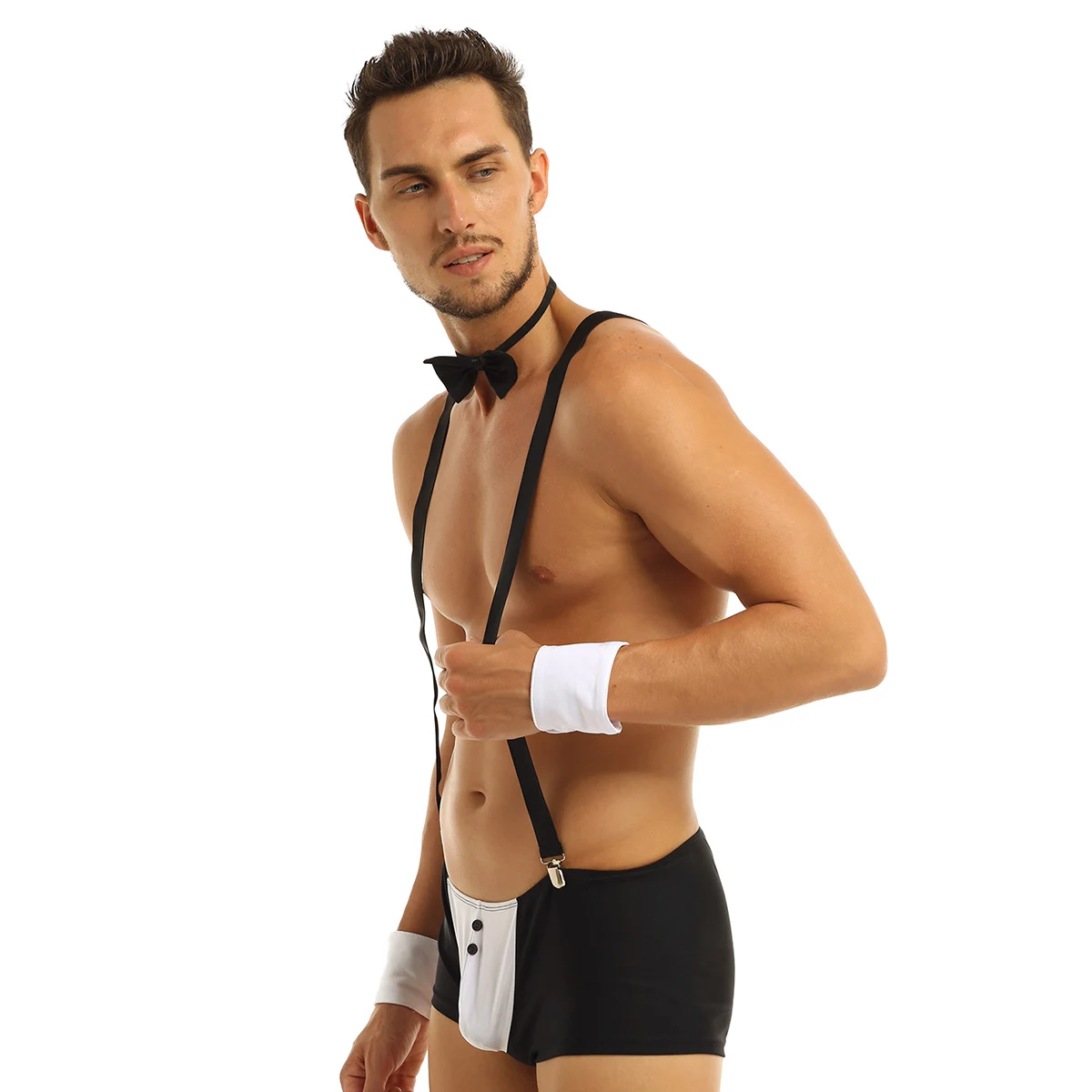 inhzoy Mens Groom Tuxedo Set Suspender Boxer Briefs with Bow Tie Collar and Bracelets 