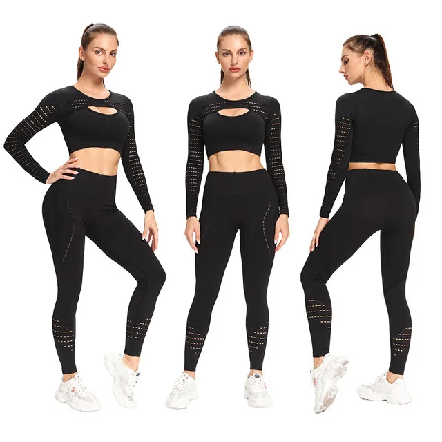 Women Seamless Xl Plus Size Activewear Sets Sexy Long Sleeve Crop Tops ...