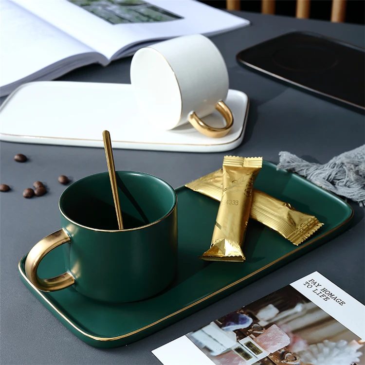Wholesale modern design cafe solid color gold handle porcelain latte coffee tea cups with rectangle saucers