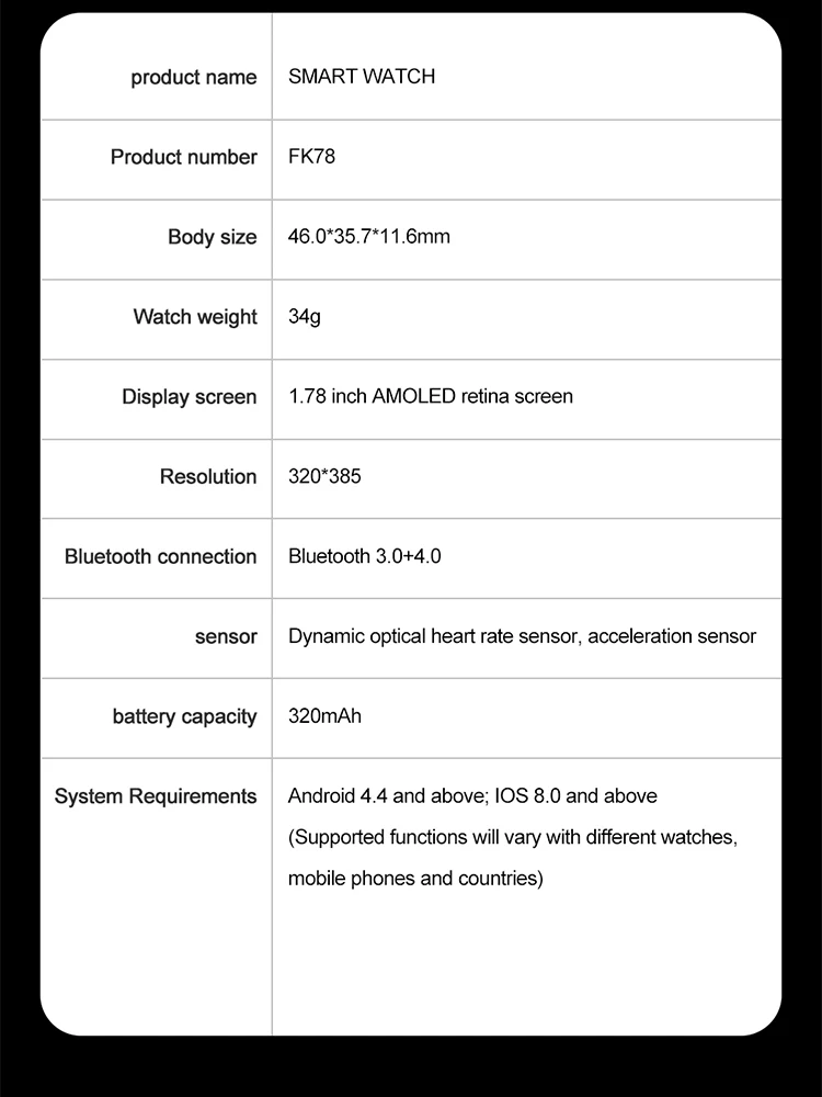 New 1.78inch HD Fully-Fitted Touch Screen FK78 Smartwatch Health Tracking Sport BT Call GPS FK78 Smart Watch