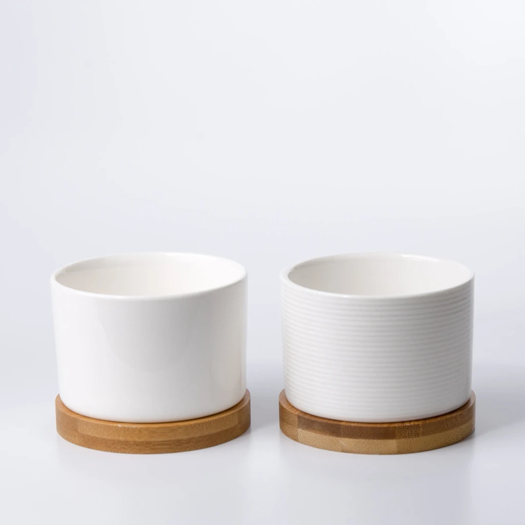 Wholesale Modern White Decorative Garden Mini Size Cylindrical Ceramic Flower Pot With Bamboo