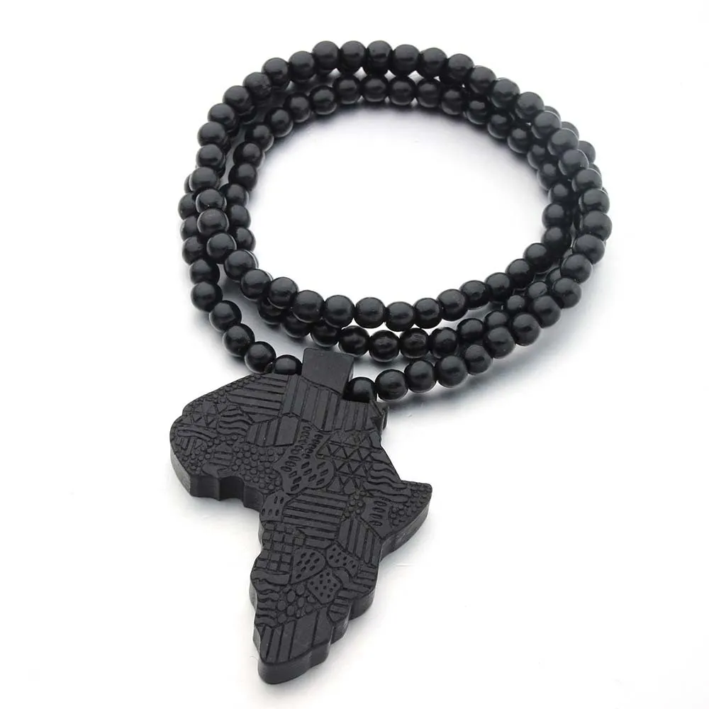1pcs Good Quality Hip-Hop African Map Pendant Wood Bead Rosary Chain Beige B3S9 