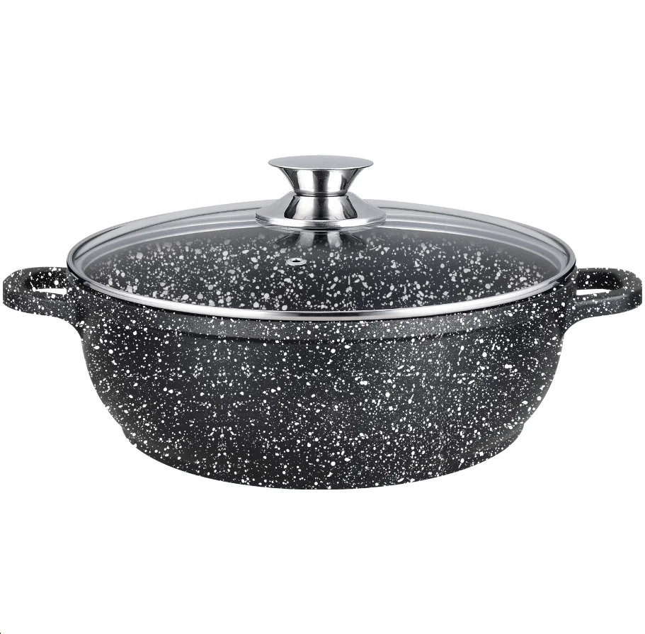 
FDA and SFG approved aluminum shallow sauce pot/lower soup pot with non-stick ceramic marble coating 