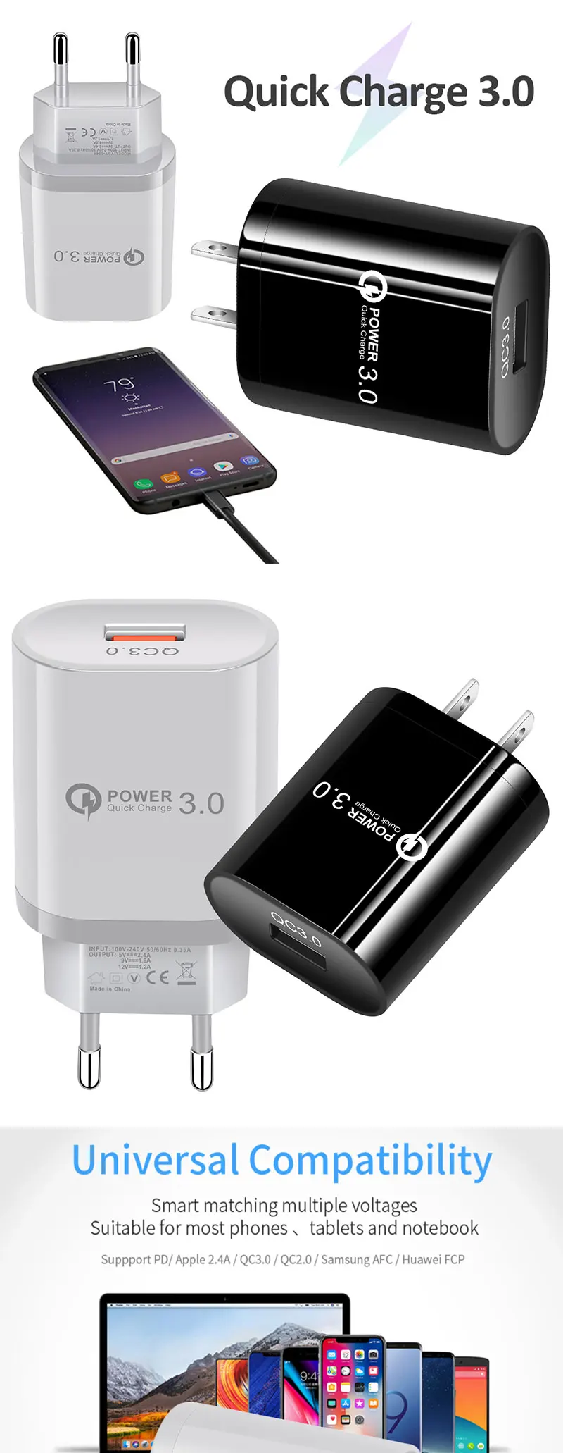 Mobile Phone USB Charger USB Travel Charger Smart Tablet Charging Head for iPhone XS XR QC 3.0 Single Port Fast Charger