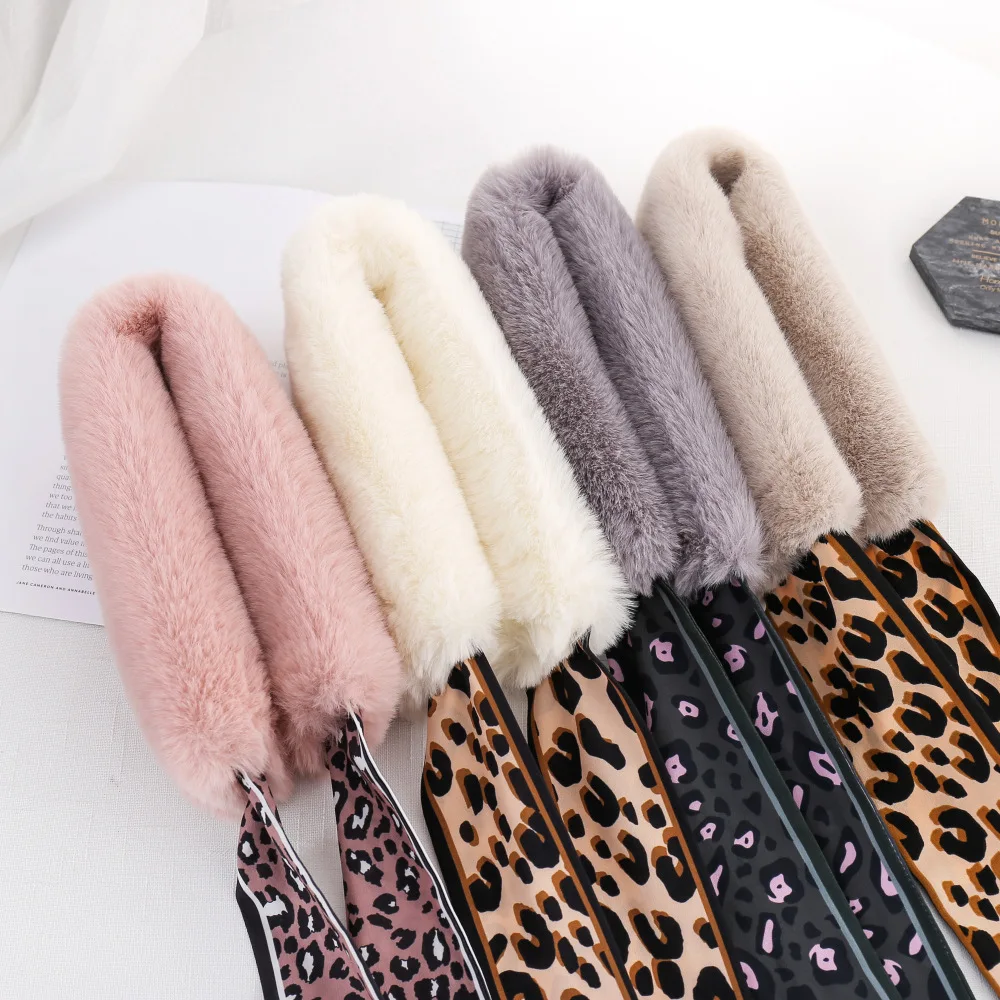 
New Korean Style Plush Leopard Print Rabbit Fur Student Thick Warm Scarf Bib 