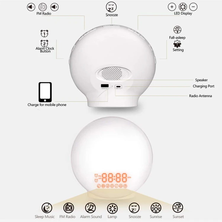 Wireless Sunrise Simulation Lingt Good Quality Wakeup Light Smart Wake Up Night Workday Alarm Clock With Function