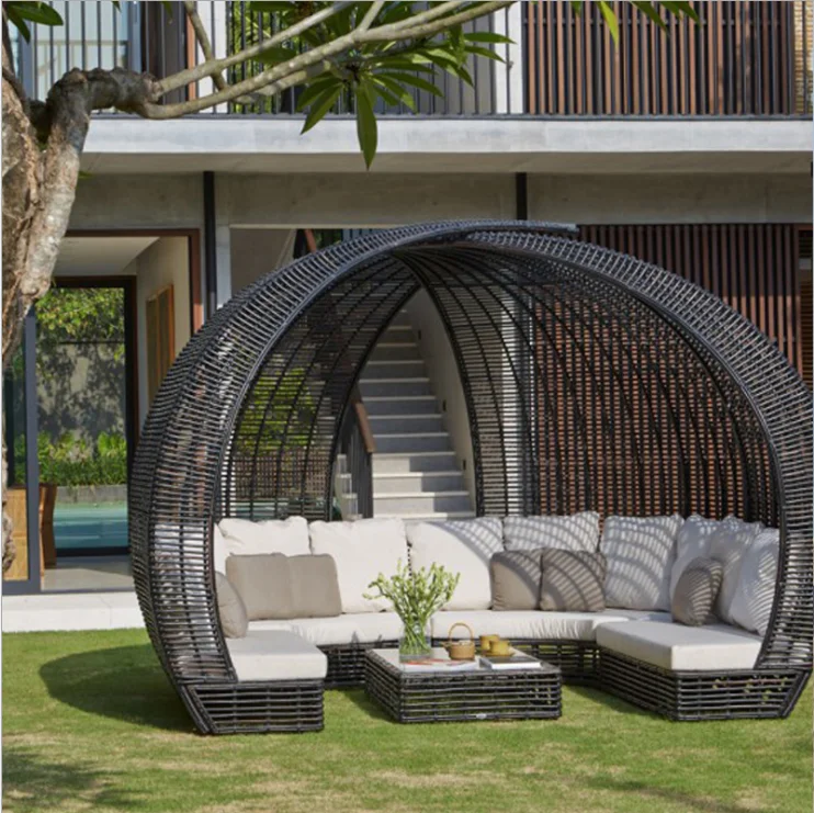 European style outdoor wicker round shape sofa with canopy