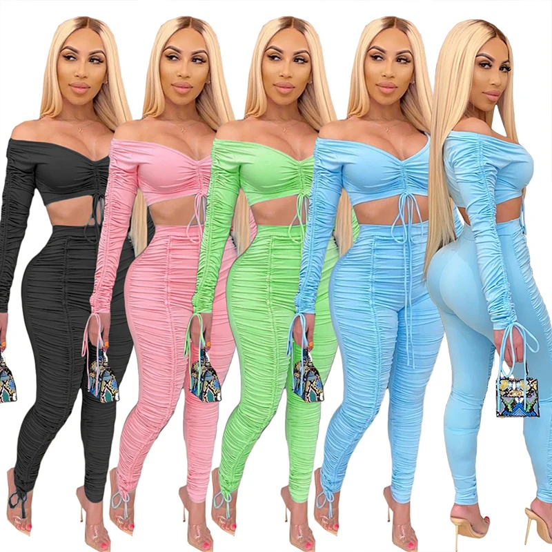 Women's Casual Bra Crop Top Thread Adjust With Ruched Pants Bodycon Two Piece Sets Outfits Two Piece Pants Sets