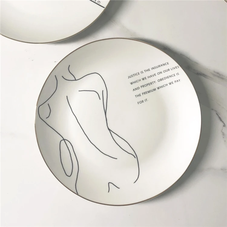 new design novelty custom decal printed artistic abstract wholesale white dinner ceramic plates with gold rim .jpg