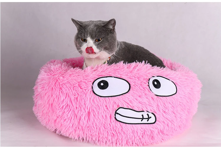 Cute Cozy Round Puppy Cat Cave Bed Donut Pet Cat Sofa Bed with Expression