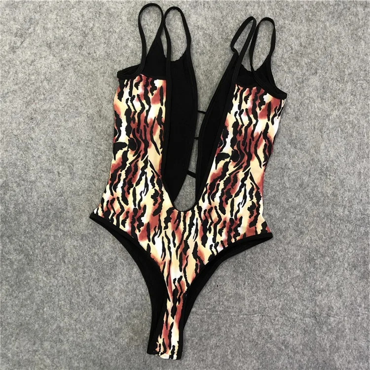 sexy one piece double sling bandage bikini v neck cheetah print