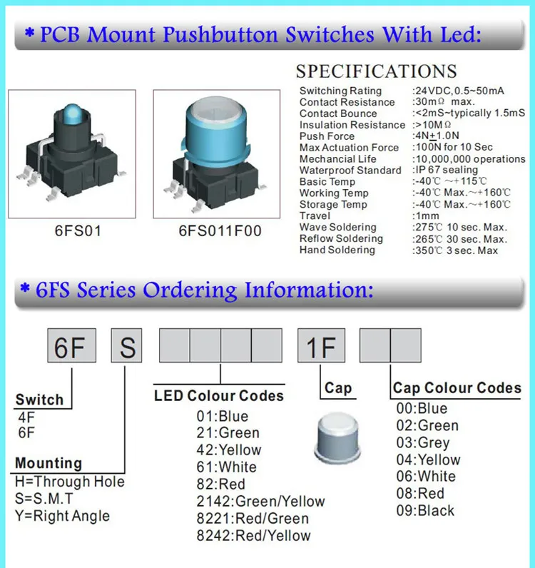 6FS LED IP67 Waterproof led push button switch with or without cap