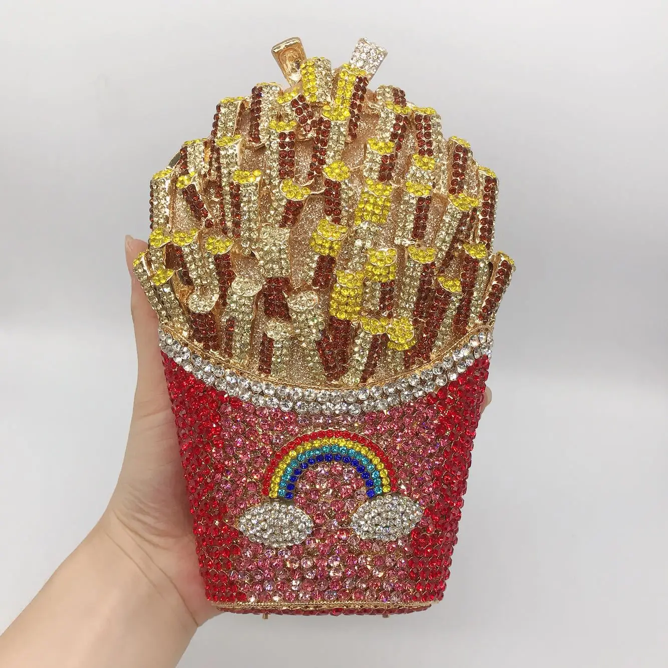French Fries Handwork Sparkle Metal Evening Clutch Handbag Crystal Rhinestone Purse Diamond
