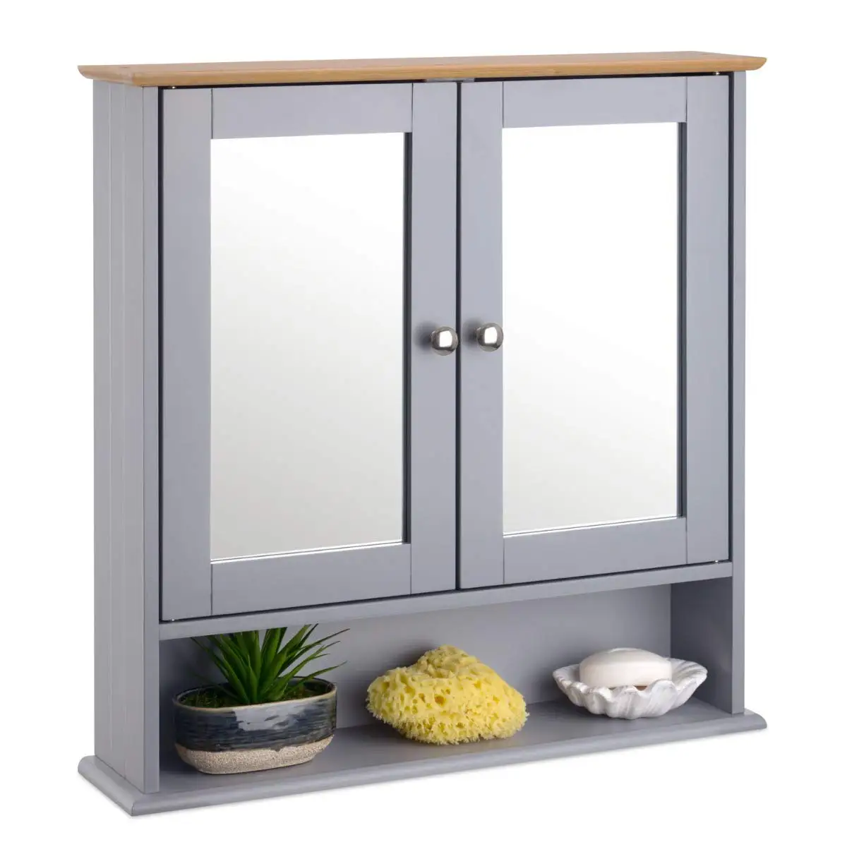 Modern Mdf Wooden Gray Double Mirror Bathroom Wall Mounted Storage