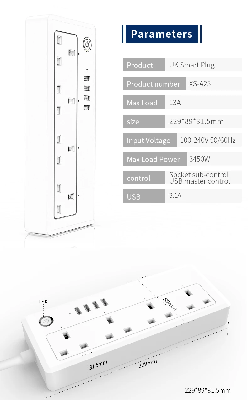 WiFi Smart Plug UK standard Tuya app Alexa Google Home10Amp remote voice USB Power Strip Outlet