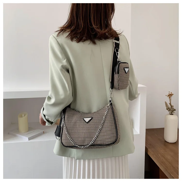 Branded Luxury Houndstooth Shoulder Bag Set for Women Trendy Vintage Handbag Female Subaxillary Bags Casual Crossbody Bag Bella