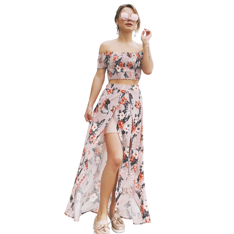 
Chiffon Bohemian dress with slit latest 2 pieces chiffon dresses womens chiffon beach dress 