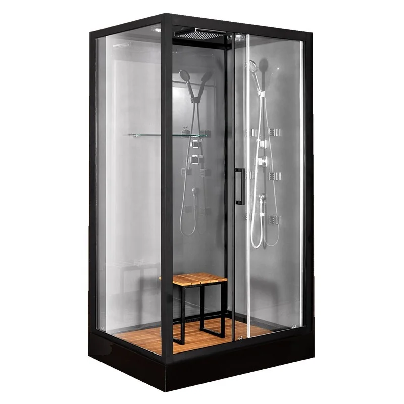 
black painted aluminum framed enclosed cubicle shower door cabin with one seat for the old 