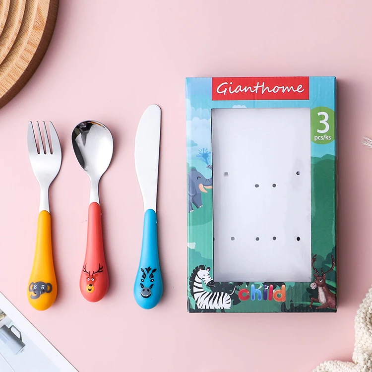 
Hot item safety kids cutlery set stainless steel spoon fork set kid colorful plastic handle design 3 pcs kids cutleries 